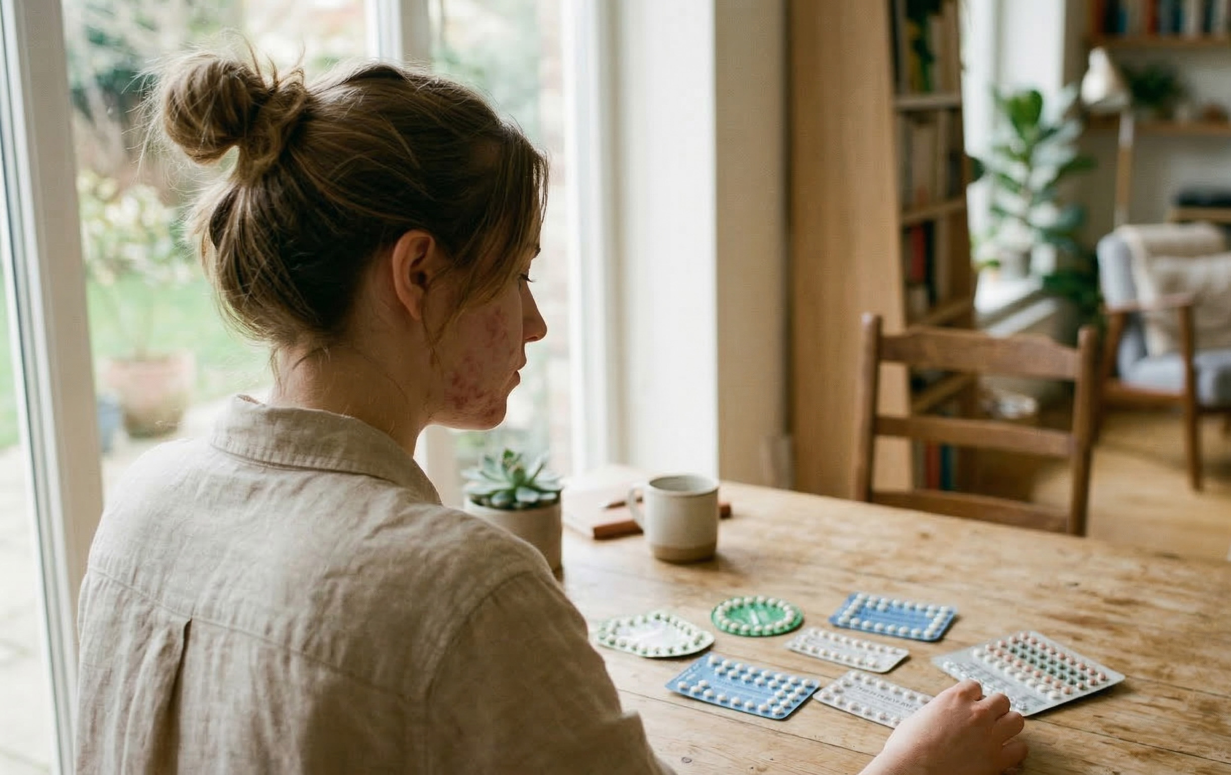 Ragazza vista di spalle mentre osserva diversi blister di pillole anticoncezionali su un tavolo in legno.
