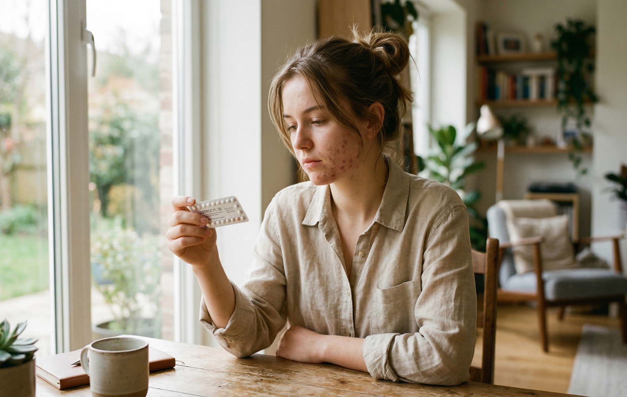 Ritratto editoriale di una ragazza con acne che osserva un blister di pillole anticoncezionali in una stanza luminosa.