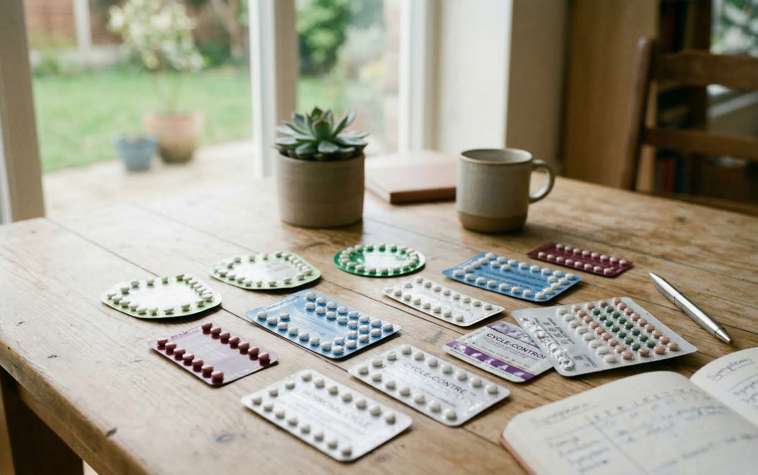 Diversi blister di pillole anticoncezionali disposti su un tavolo in legno vicino a una finestra in un ambiente luminoso.